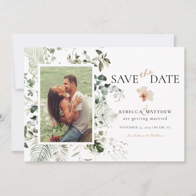 Elegant Floral Boho Greenery Wedding Photo Save The Date (Front)
