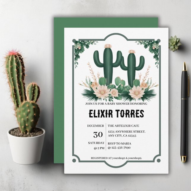 Elegant Floral Boho Modern Cactus Baby Shower Invitation (Creator Uploaded)
