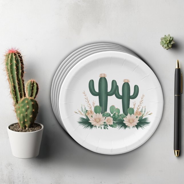 Elegant Floral Boho Modern Cactus Baby Shower Paper Plates (Creator Uploaded)