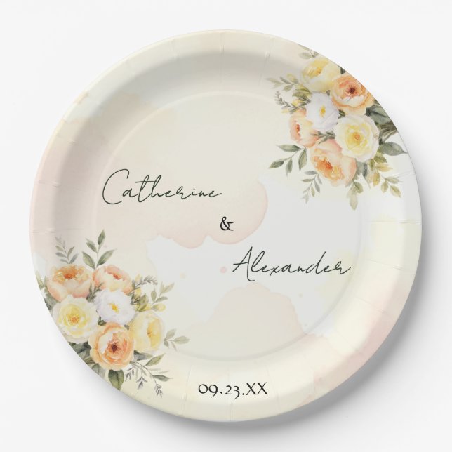 Elegant Floral Boho Rustic Roses Wedding Reception Paper Plates (Front)