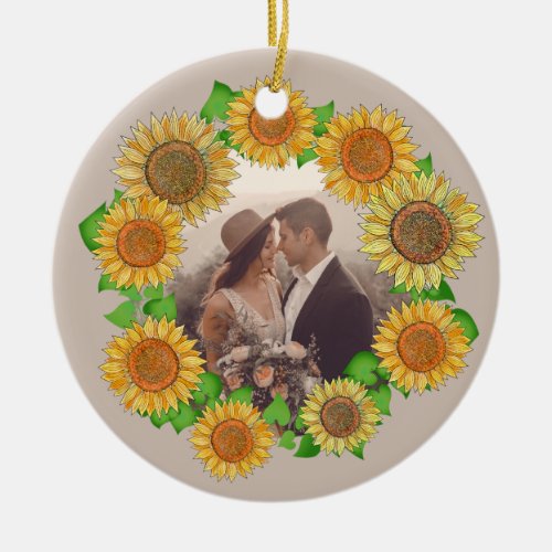 Elegant Floral Boho Sunflower Rustic Taupe Wedding Ceramic Ornament