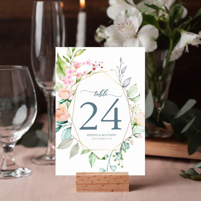 Elegant Floral Boho Watercolor Geometric Wedding Table Number (Spring floral watercolor table number for your reception decor features geometric frame.)