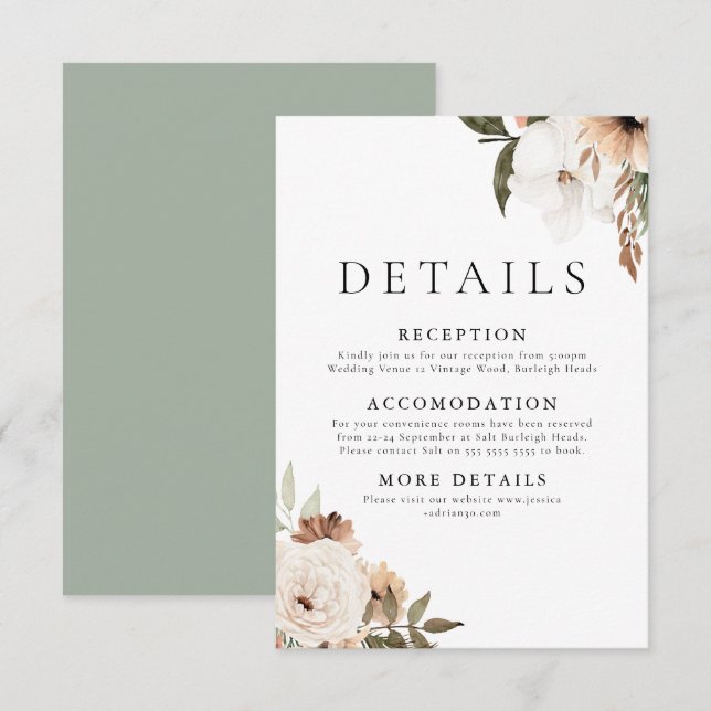 Elegant Floral Boho Wedding Details Enclosure Card (Front/Back)
