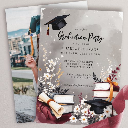 Other Occasions 7 Elegant Floral Books Graduation Party Photo Invitation