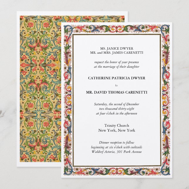 Elegant Floral Border Blue & Gold Wedding Invitation (Front/Back)