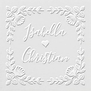 Elegant Floral Border Couple's Names Heart Wedding Embosser