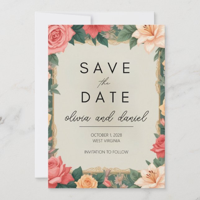 Elegant Floral Border Save the Date Card  (Front)