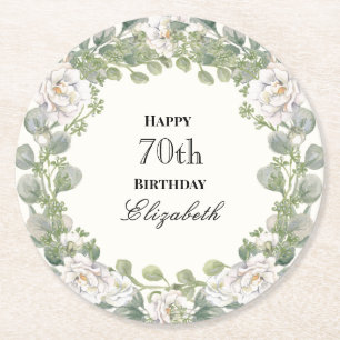 Elegant Floral Border Women's 70th Birthday Custom Round Paper Coaster