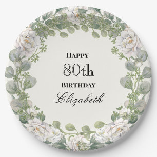 Elegant Floral Border Women's 80th Birthday Custom Paper Plates