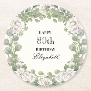 Elegant Floral Border Women's 80th Birthday Custom Round Paper Coaster