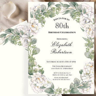 Elegant Floral Border Women's 80th Birthday Invitation