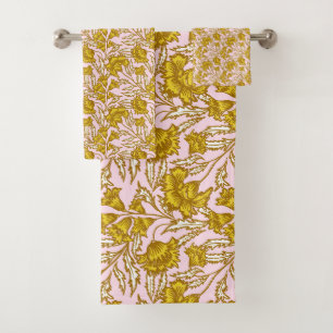 Elegant floral botanical boho pink yellow bath towel set