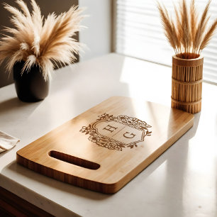 Elegant Floral Botanical Frame Two Letter Monogram Engraved Cutting Board