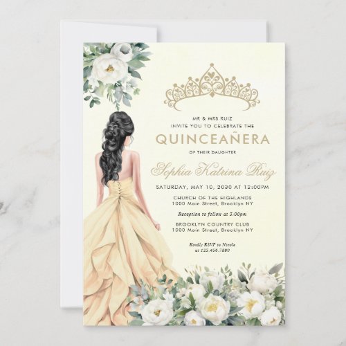 Elegant Floral Botanical Gold Princess Quinceaera Invitation