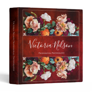 Elegant Floral Botanical Name Red Rustic Vintage 3 Ring Binder