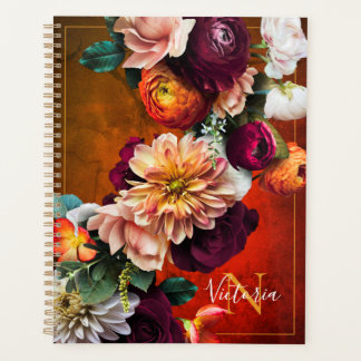 Elegant Floral Botanical Name Red Rustic Vintage Planner