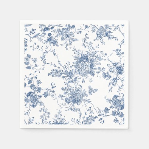 Elegant Floral Botanical Navy Blue Toile Wedding Napkins