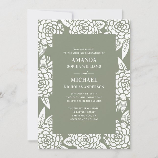 Elegant floral botanical pastel sage green wedding invitation (Front)