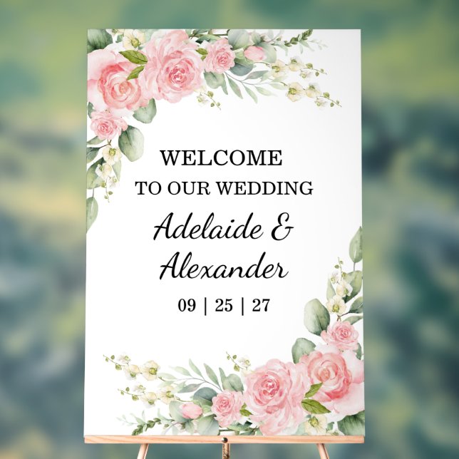 Elegant Floral Botanical Rose Pink Wedding Acrylic Sign (Neutral)