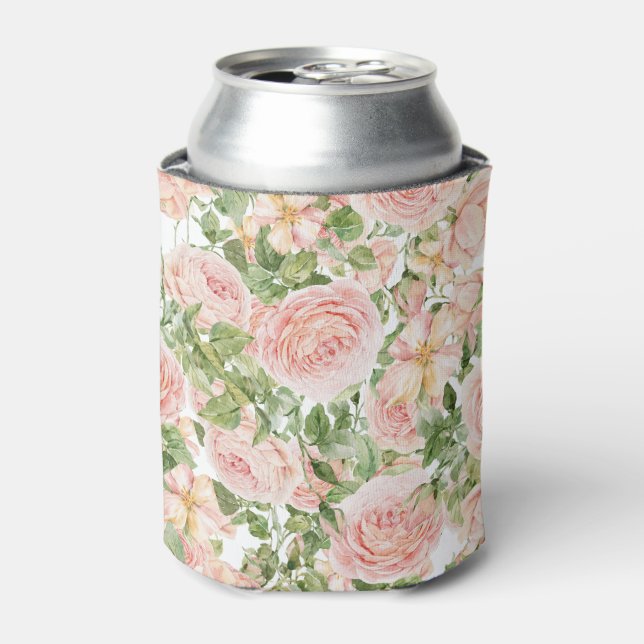 Elegant Floral Botanical Rose Pink Wedding Can Cooler (Can Front)