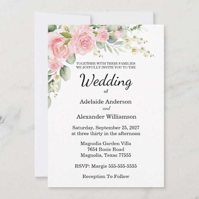 Elegant Floral Botanical Rose Pink Wedding Invitation (Front)