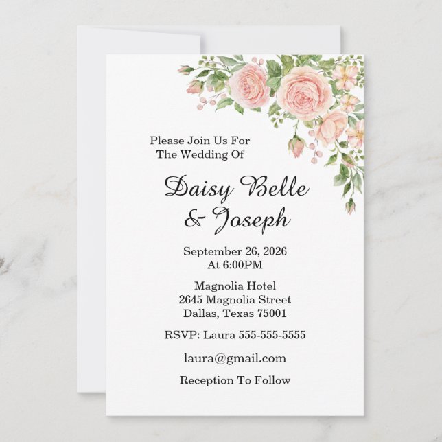 Elegant Floral Botanical Rose Pink Wedding Invitation (Front)
