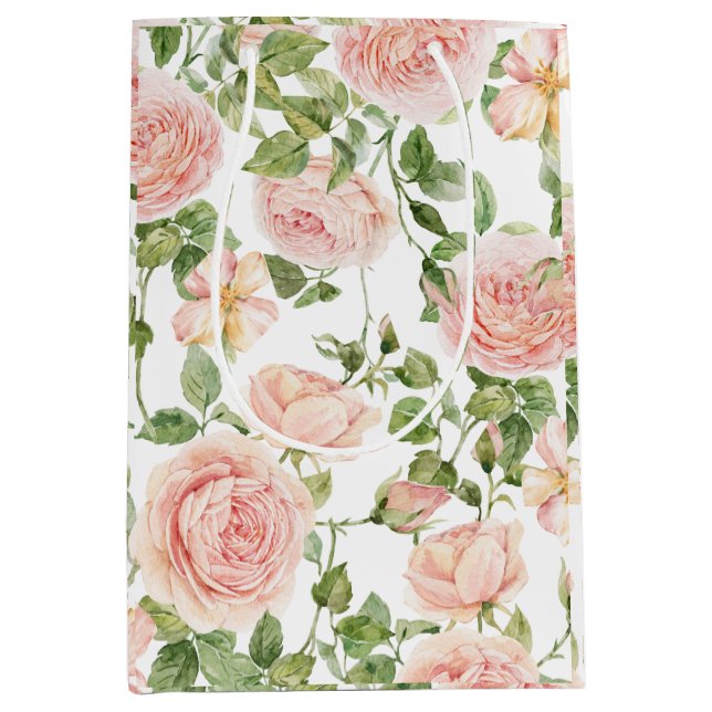 Elegant Floral Botanical Rose Pink Wedding Medium Gift Bag (Front)