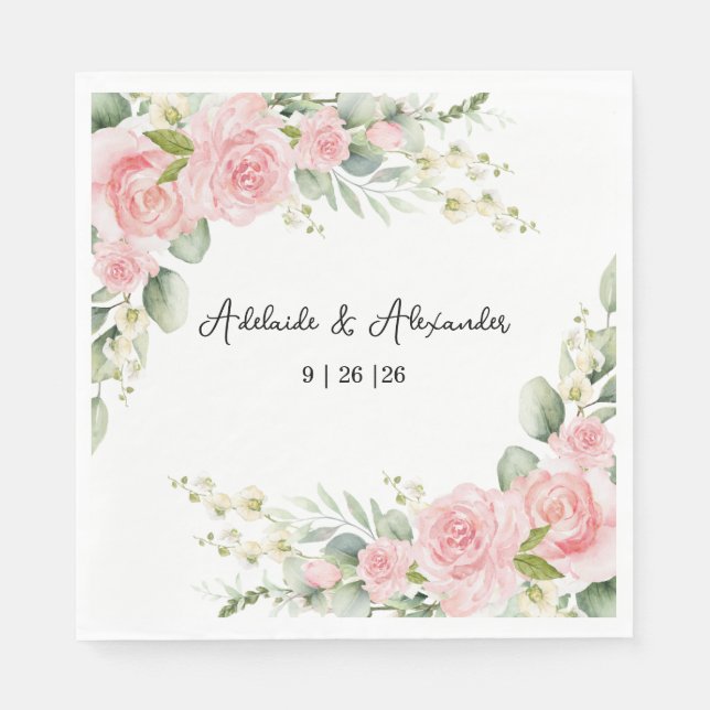 Elegant Floral Botanical Rose Pink Wedding Napkins (Front)