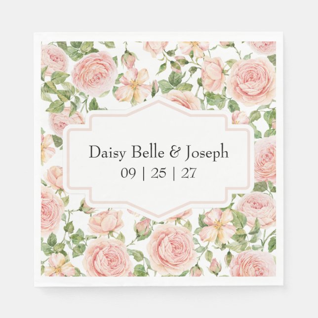 Elegant Floral Botanical Rose Pink Wedding Napkins (Front)