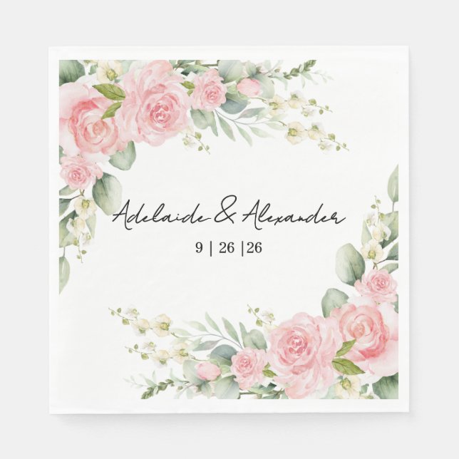 Elegant Floral Botanical Rose Pink Wedding Napkins (Front)