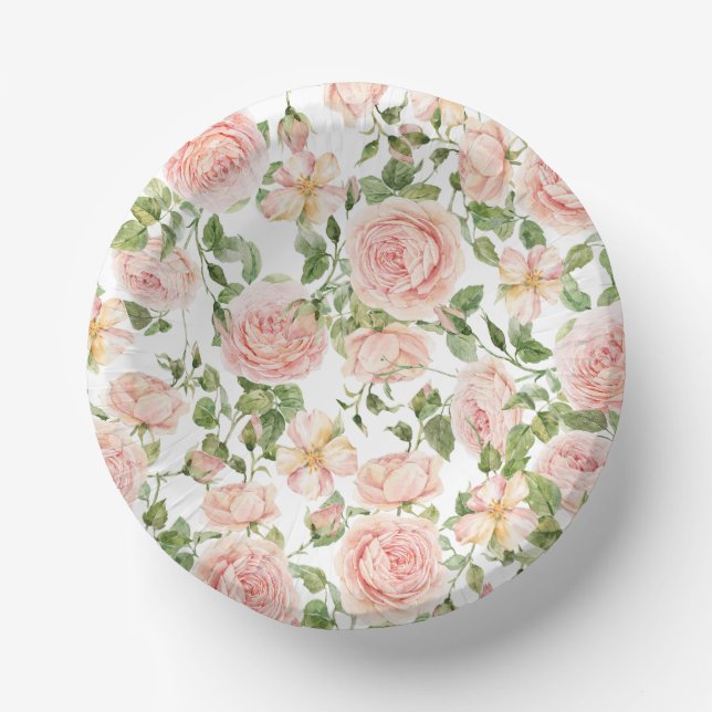 Elegant Floral Botanical Rose Pink Wedding Paper Bowls (Front)