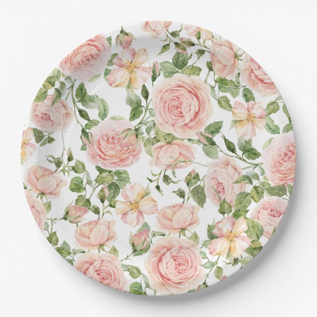Elegant Floral Botanical Rose Pink Wedding Paper Plates (Front)