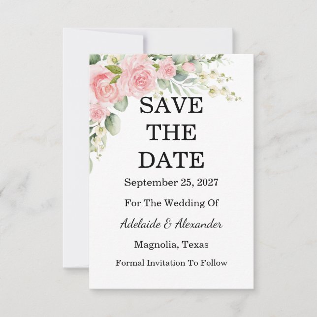 Elegant Floral Botanical Rose Pink Wedding Save The Date (Front)