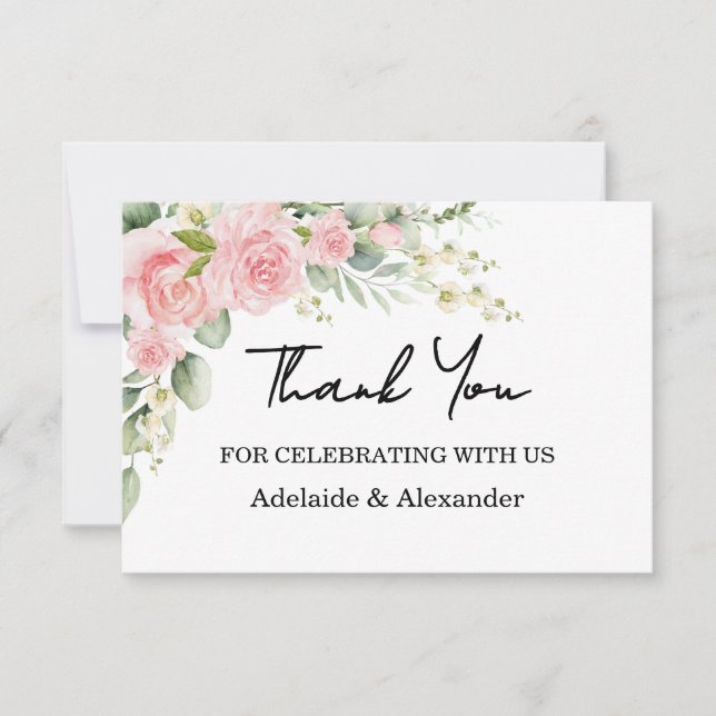 Elegant Floral Botanical Rose Pink Wedding Thank You Card (Front)