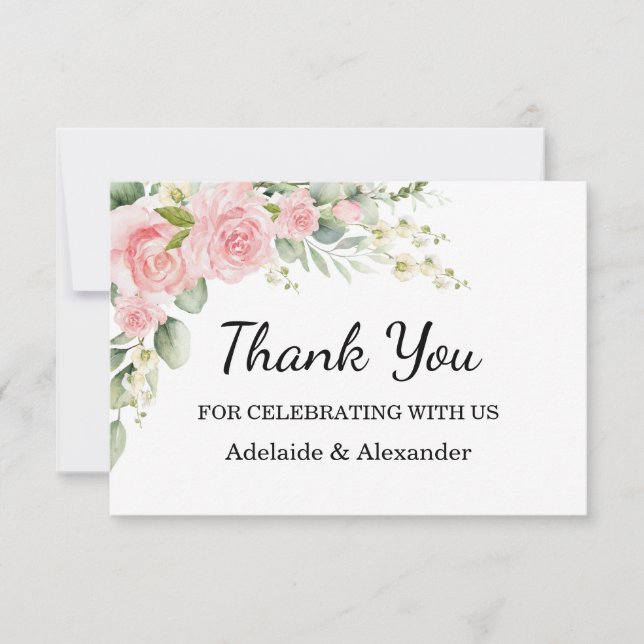 Elegant Floral Botanical Rose Pink Wedding Thank You Card (Front)