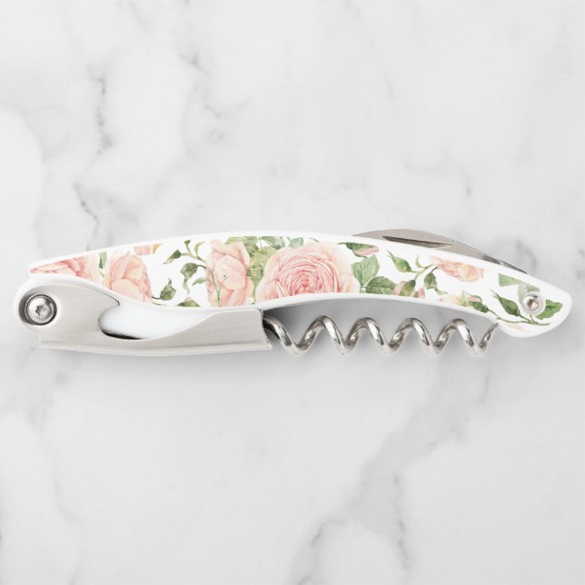 Elegant Floral Botanical Rose Pink Wedding Waiter's Corkscrew (Front)