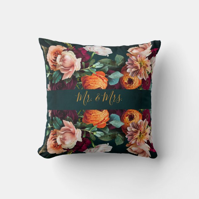 Elegant Floral Botanical Rustic Mr. & Mrs. Wedding Throw Pillow (Front)