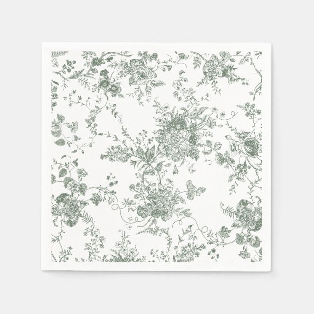 Elegant Floral Botanical Sage Green Toile Wedding Napkins (Front)