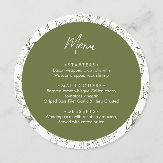 Elegant Floral Botanical Sage Green Wedding Dinner Menu (Front)