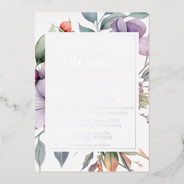 Elegant floral botanical Wedding  Foil Invitation (Front)