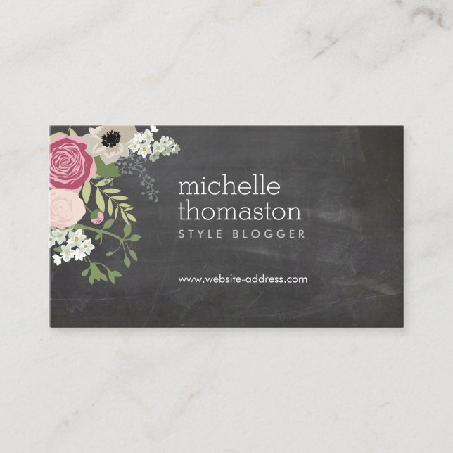 Elegant Floral Bouquet Chalkboard Crafter, Blogger Business Card (Front)