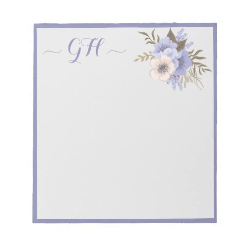 Elegant Floral Bouquet Gray Blue Pink Initials Notepad