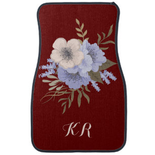 Elegant Floral Bouquet Gray Silver Flower Burgundy Car Floor Mat