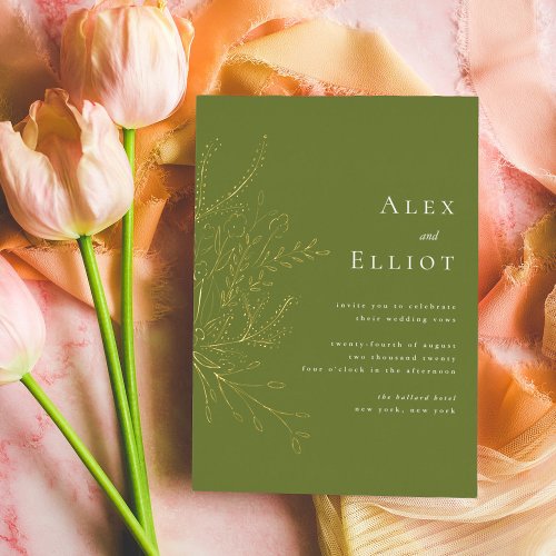 Elegant Floral Bouquet Green Wedding Foil Invitation