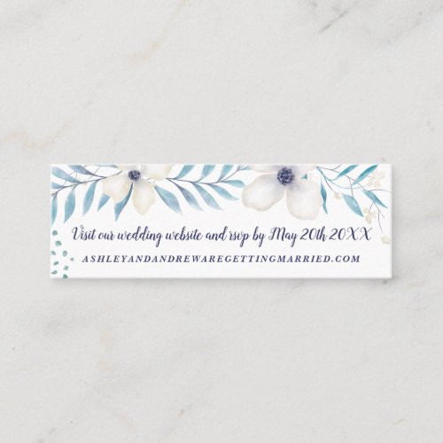 Elegant floral bouquet ocean blue wedding details mini business card