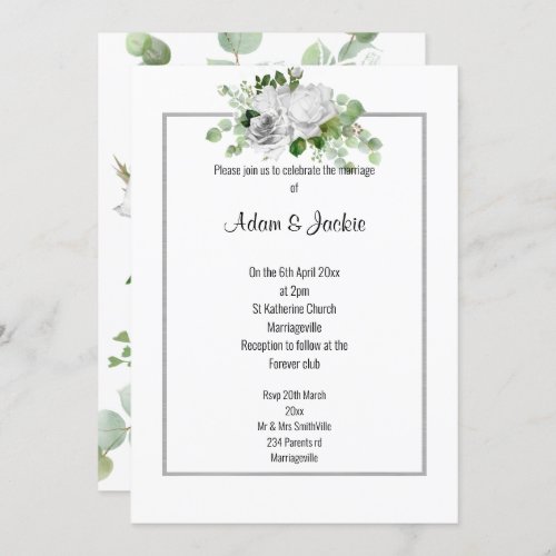 ELEGANT FLORAL BOUQUET SILVER TRIM WEDDING  INVITATION