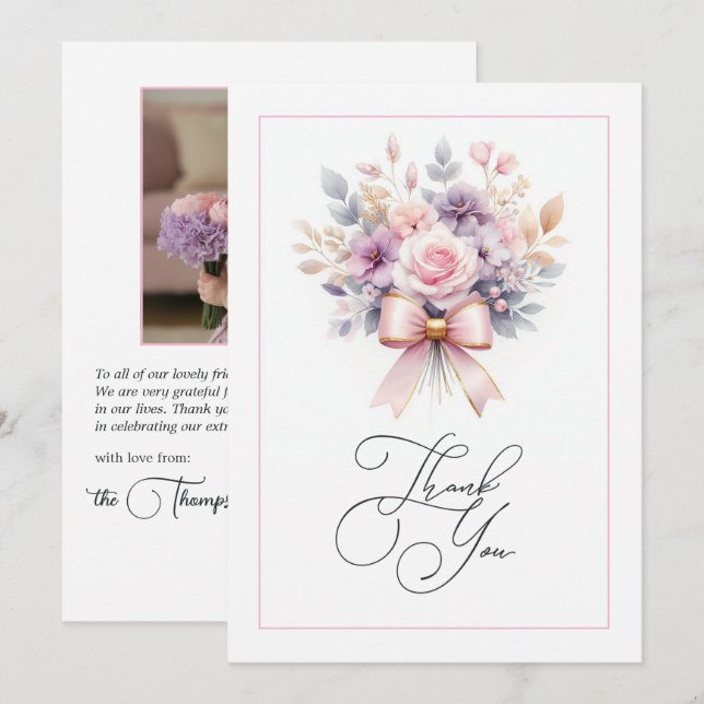 Elegant Floral Bow 1st Birthday Girl Photo Thank You Card (Front/Back)