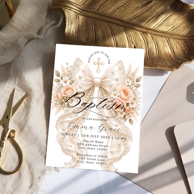 Elegant Floral Bow and Pearl Baptism Invitation (Creator Uploaded)
