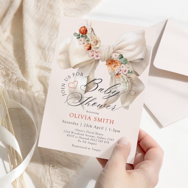 Elegant Floral Bow Baby Shower Invitation (Creator Uploaded)