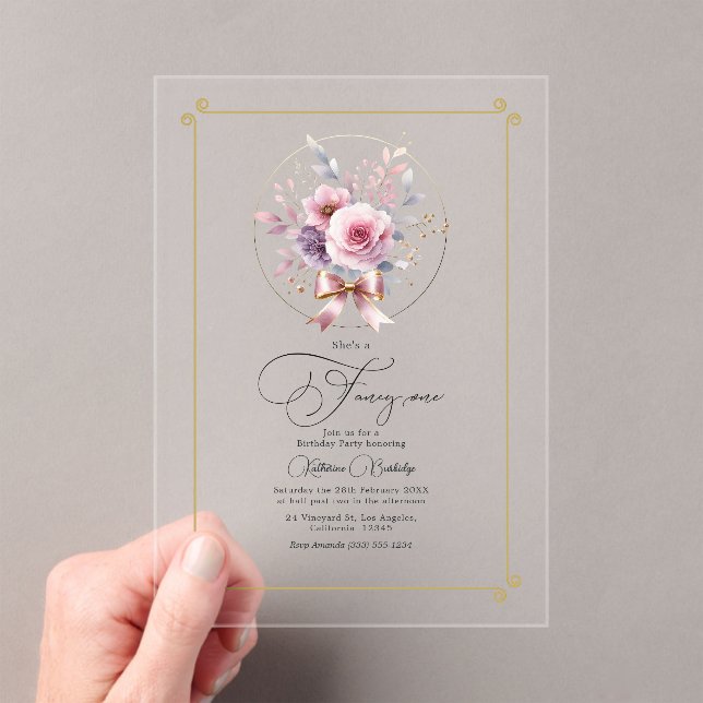 Elegant Floral Bow "Fancy One" First Birthday Acrylic Invitations (Insitu (Handheld))